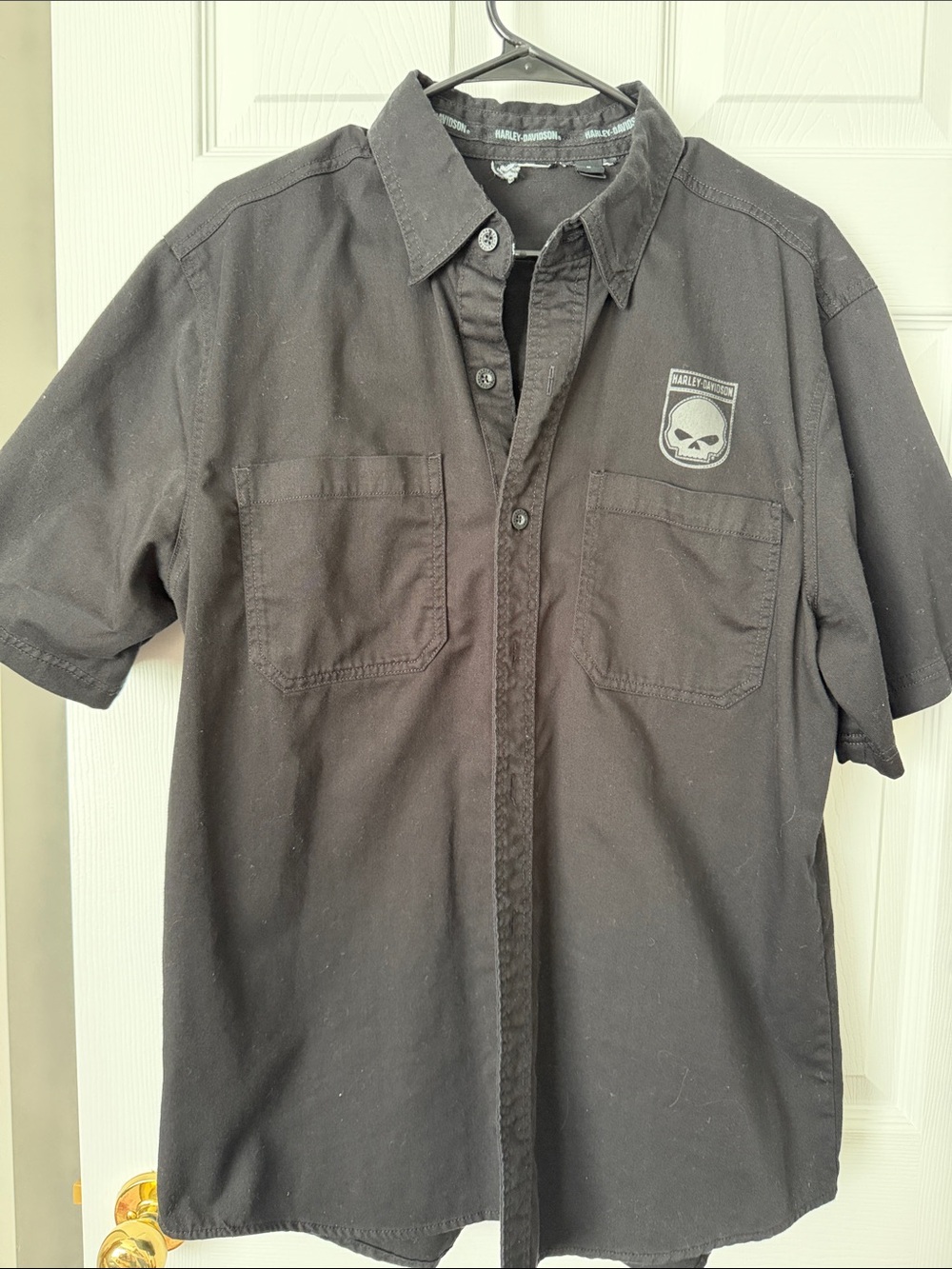 Harley-Davidson Black Men’s Short-Sleeve Button-Down Work Shirt with Skull Patch